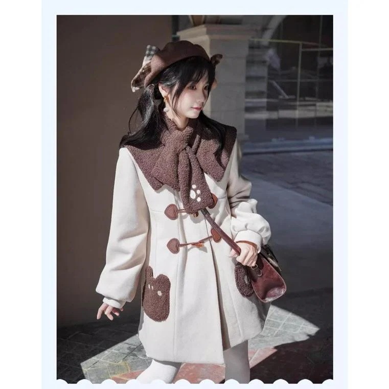 即納 ダッフルコート クマ柄 もこもこ ステンカラーコート ロリータ 冬服 レディース ジャケット ショートコート コート ロリータコート 学生 通学 通勤 着痩せ_9