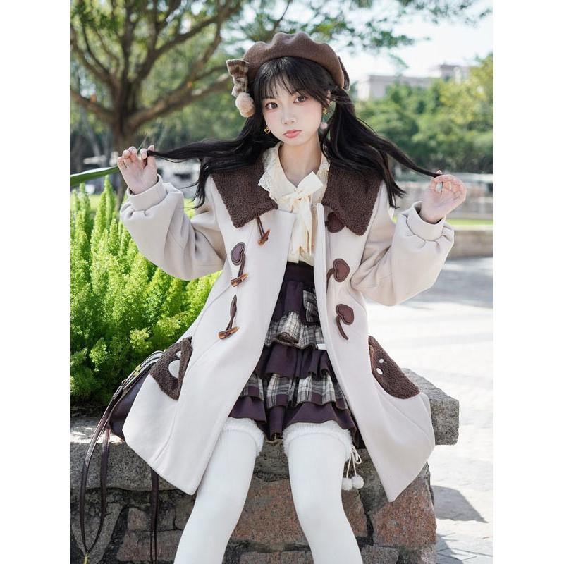 即納 ダッフルコート クマ柄 もこもこ ステンカラーコート ロリータ 冬服 レディース ジャケット ショートコート コート ロリータコート 学生 通学 通勤 着痩せ_10