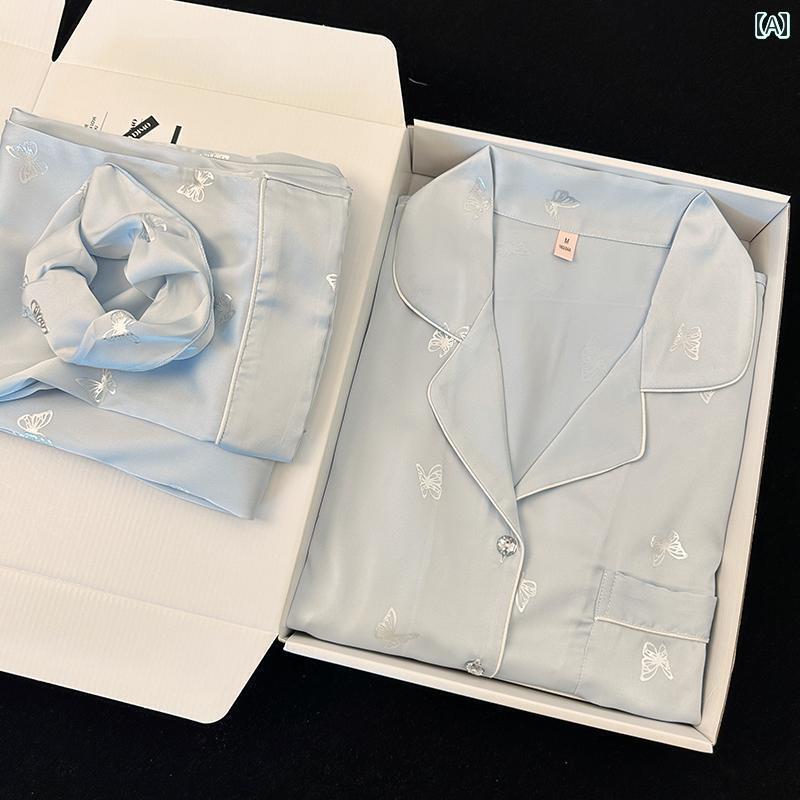 シルク パジャマ レディース春秋 冷感 パジャマ レディース 長袖 ズボン 金箔 押し 蝶 高級 シルク ホームウェア スーツ シルク パジャマ レディース春秋 冷感 パジャマ レディース 長袖 ズボン 金箔 押し 蝶 高級 シルク ホームウェア スーツ