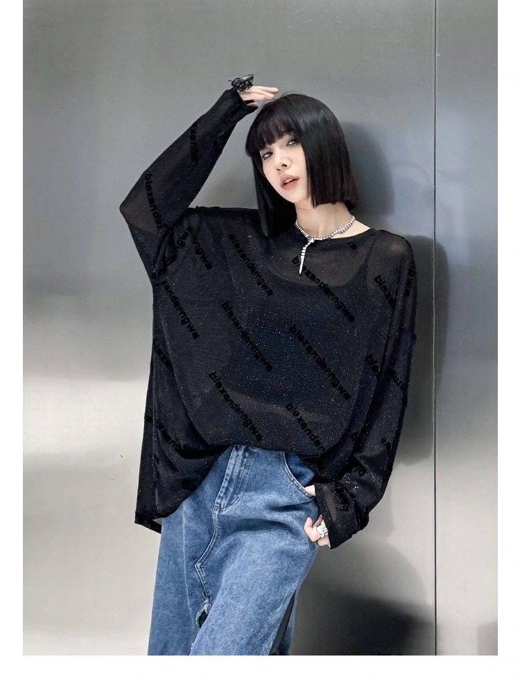 【急速出荷】 スカート春新作文字体型カバーメッシュTシャツゆったりミドル丈薄手ワンピース_9