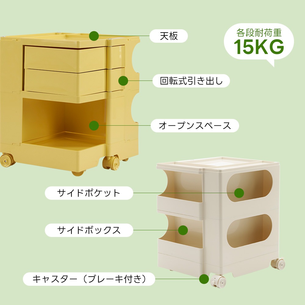 【国内出荷は送.料.無.料】【フォググリーン・3段】収納ワゴン キャスター付き ブレーキ付き おしゃれ 3段トレイ キッチンワゴン 回転式 収納 ベビーワゴン キッチン収納 ラック サイドワゴン キッ_16