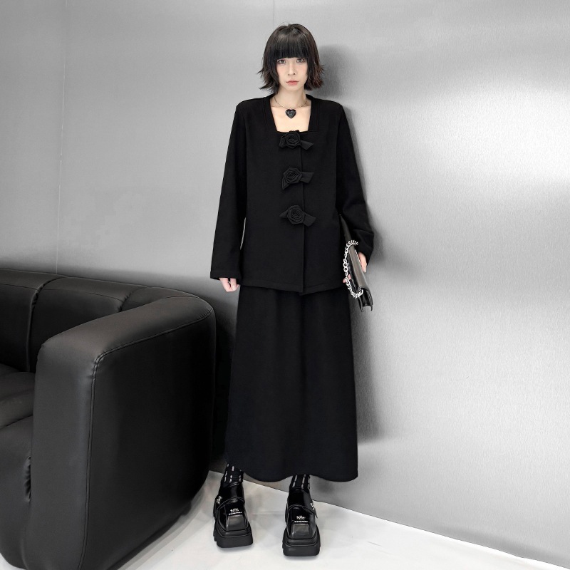 【J.Fashion】 上下セット 裏起毛 花飾り スカートセット 肩パッド付き おしゃれ レディース セットアップ 関連商品購入可能 メガ割