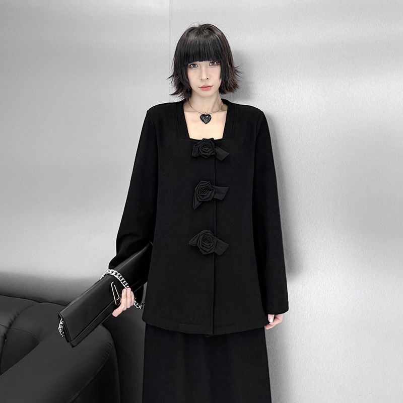 【J.Fashion】 上下セット 裏起毛 花飾り スカートセット 肩パッド付き おしゃれ レディース セットアップ 関連商品購入可能 メガ割