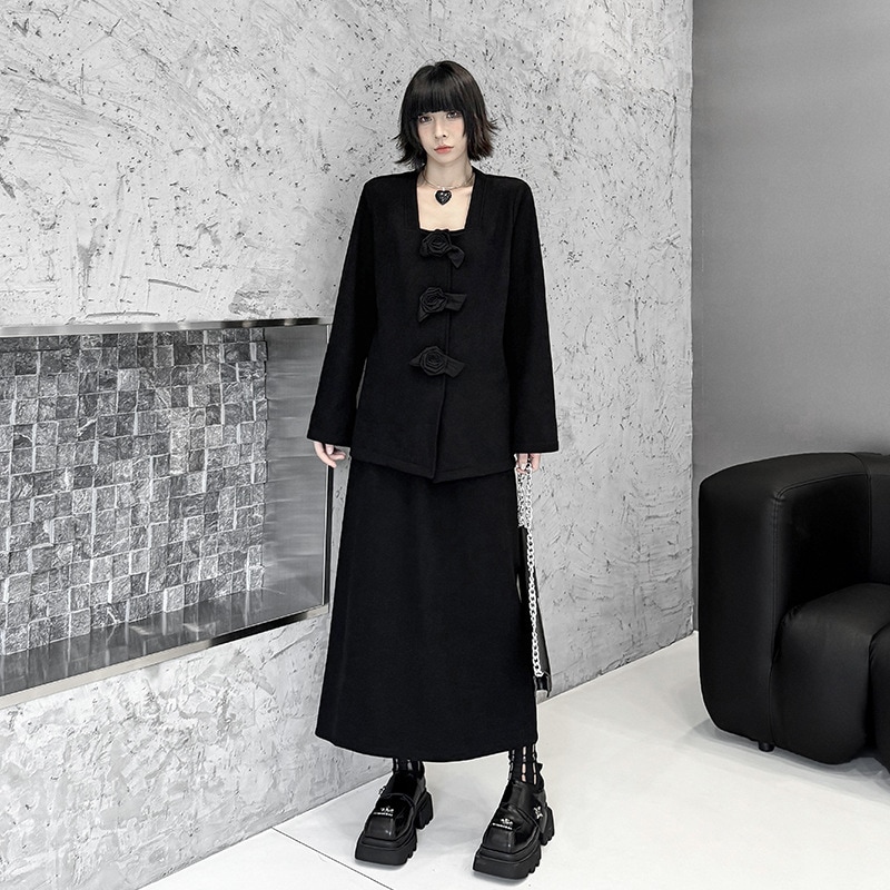 【J.Fashion】 上下セット 裏起毛 花飾り スカートセット 肩パッド付き おしゃれ レディース セットアップ 関連商品購入可能 メガ割