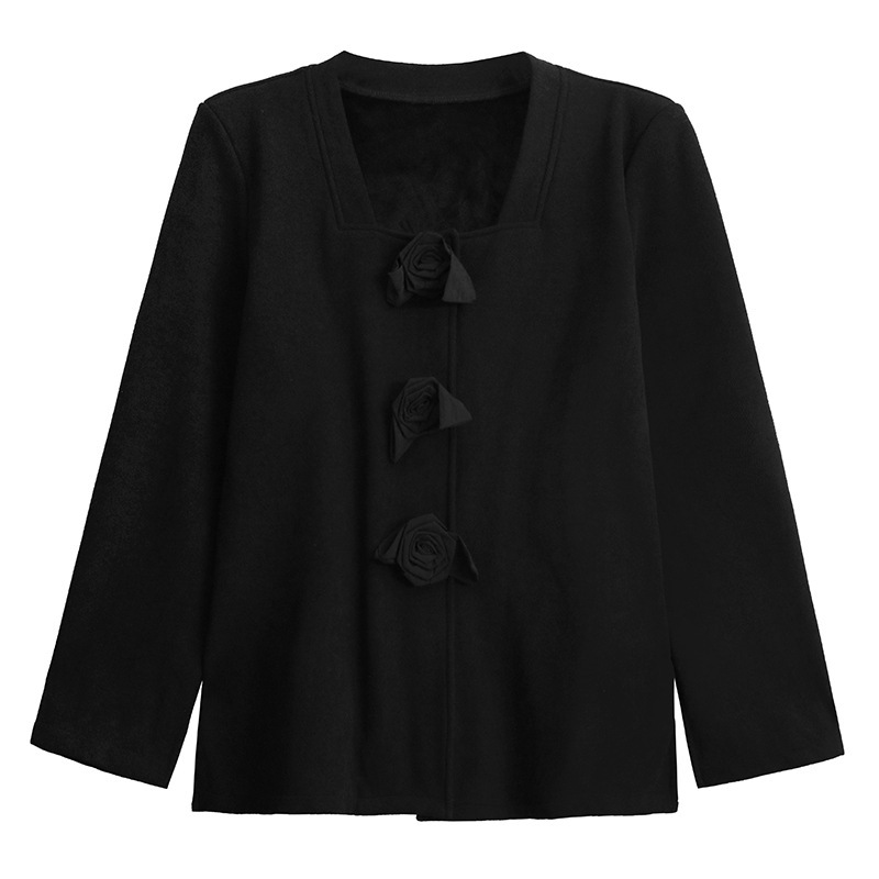 【J.Fashion】 上下セット 裏起毛 花飾り スカートセット 肩パッド付き おしゃれ レディース セットアップ 関連商品購入可能 メガ割