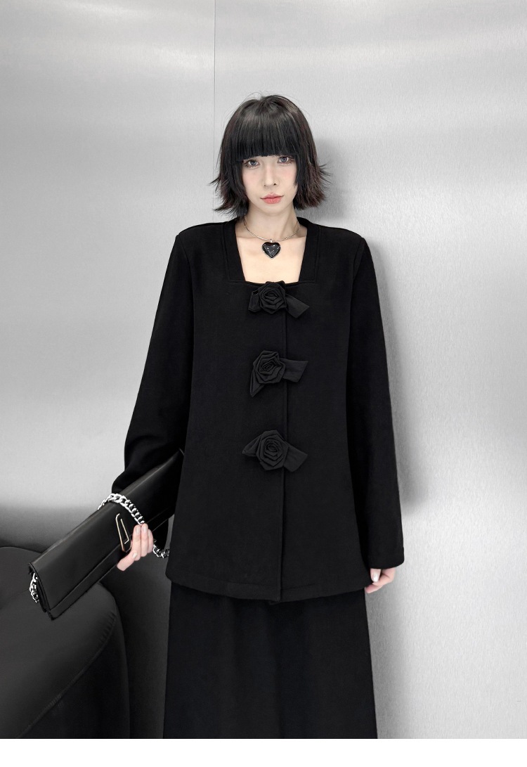 【J.Fashion】 上下セット 裏起毛 花飾り スカートセット 肩パッド付き おしゃれ レディース セットアップ 関連商品購入可能 メガ割