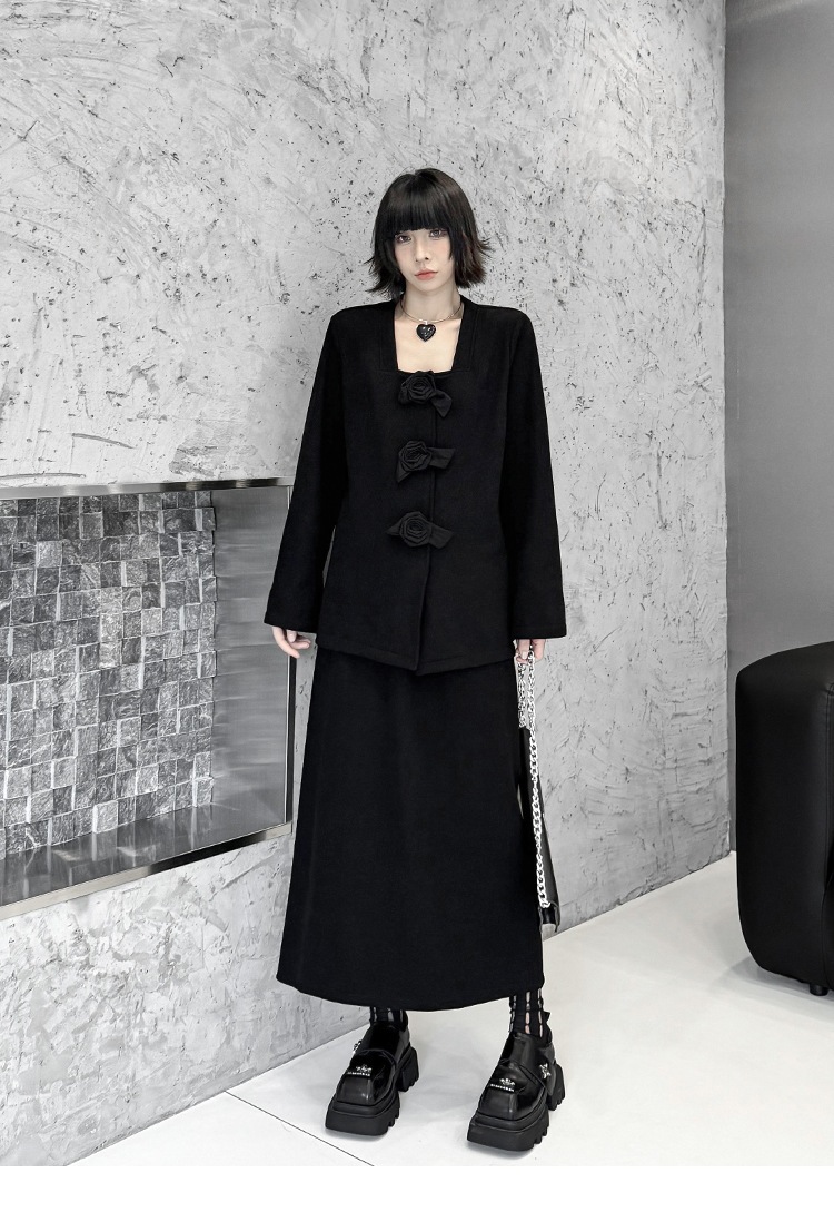 【J.Fashion】 上下セット 裏起毛 花飾り スカートセット 肩パッド付き おしゃれ レディース セットアップ 関連商品購入可能 メガ割