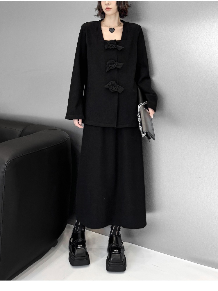 【J.Fashion】 上下セット 裏起毛 花飾り スカートセット 肩パッド付き おしゃれ レディース セットアップ 関連商品購入可能 メガ割