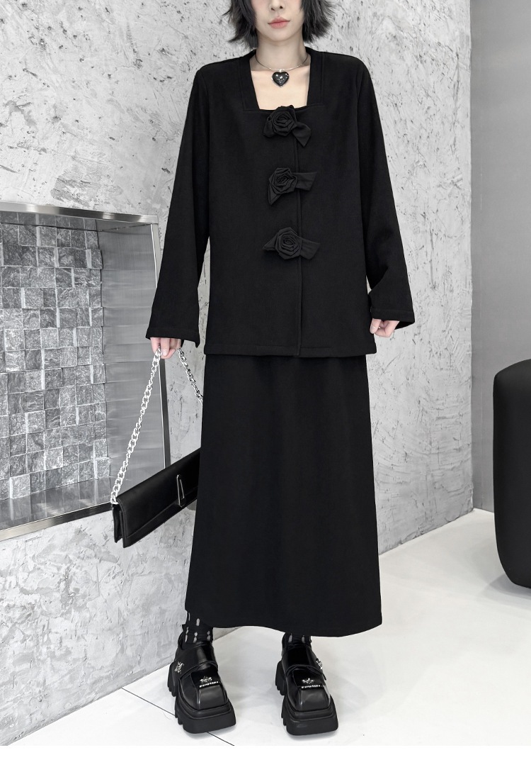 【J.Fashion】 上下セット 裏起毛 花飾り スカートセット 肩パッド付き おしゃれ レディース セットアップ 関連商品購入可能 メガ割