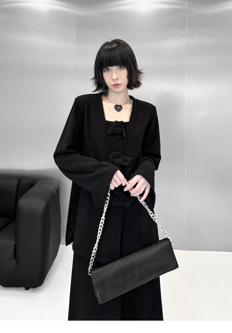 【J.Fashion】 上下セット 裏起毛 花飾り スカートセット 肩パッド付き おしゃれ レディース セットアップ 関連商品購入可能 メガ割