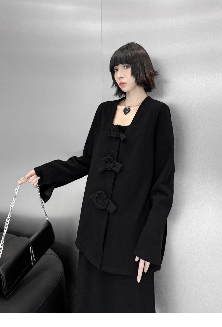 【J.Fashion】 上下セット 裏起毛 花飾り スカートセット 肩パッド付き おしゃれ レディース セットアップ 関連商品購入可能 メガ割