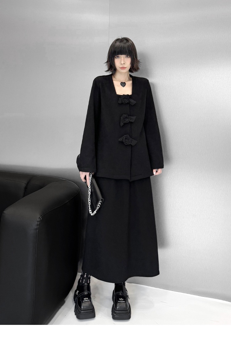 【J.Fashion】 上下セット 裏起毛 花飾り スカートセット 肩パッド付き おしゃれ レディース セットアップ 関連商品購入可能 メガ割