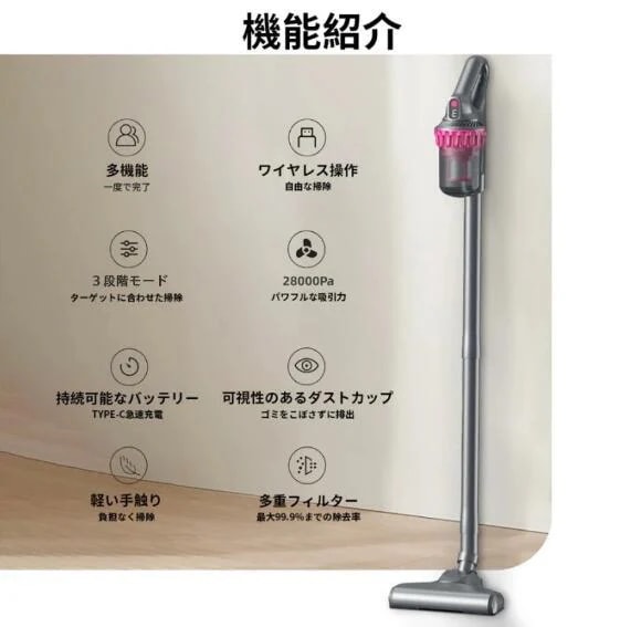 掃除機 コードレス コードレス掃除機 人気 サイクロン式 強力吸引 28000Pa 充電式 軽量ハンディ掃除機 スティック 一人暮らし ジェネリック家電_5