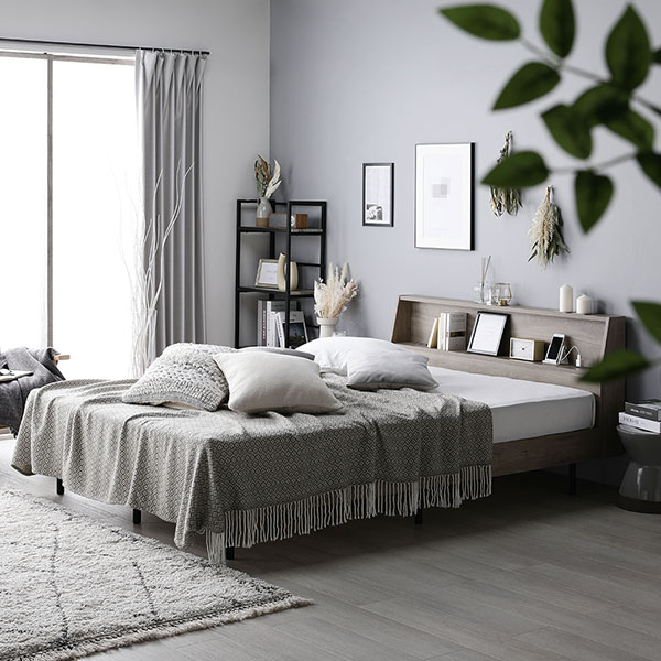 ベッド ダブル グレージュ ボンネルコイルマットレス付き すのこ 棚付き 宮付き 宮棚付き コンセント付き