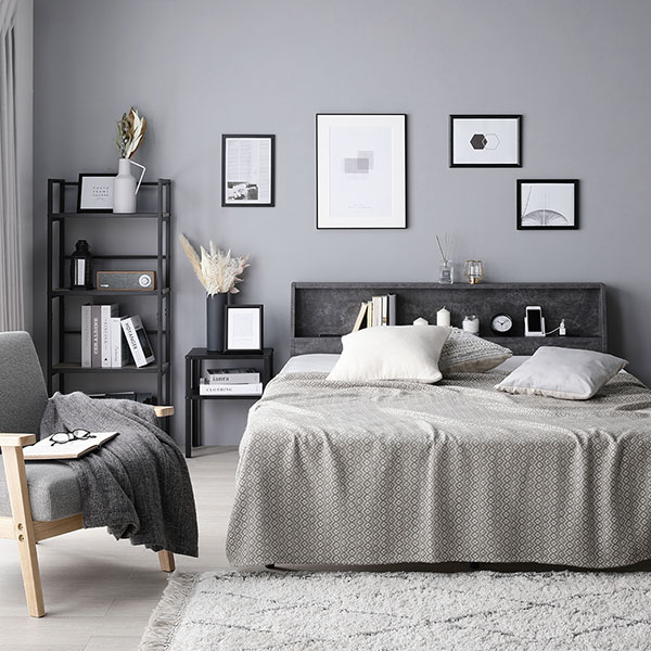 ベッド ダブル グレージュ ボンネルコイルマットレス付き すのこ 棚付き 宮付き 宮棚付き コンセント付き