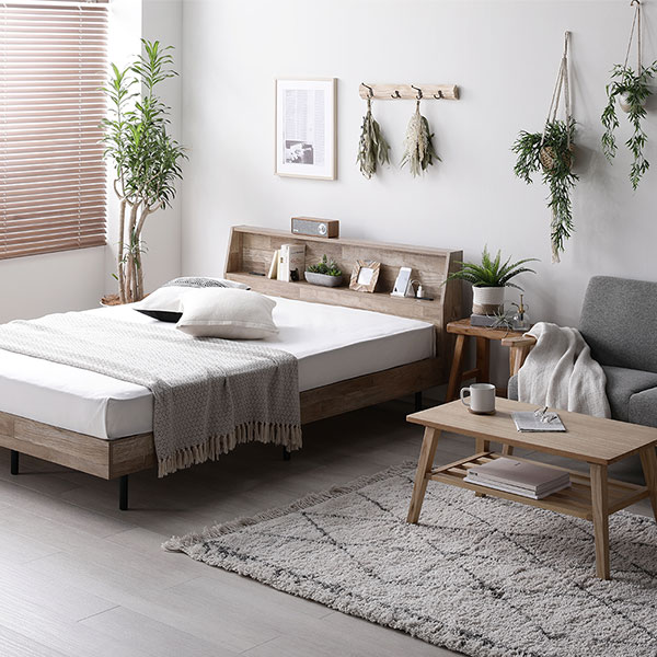 ベッド ダブル グレージュ ボンネルコイルマットレス付き すのこ 棚付き 宮付き 宮棚付き コンセント付き