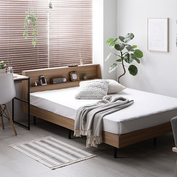 ベッド ダブル グレージュ ボンネルコイルマットレス付き すのこ 棚付き 宮付き 宮棚付き コンセント付き