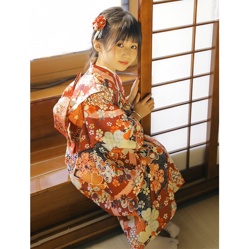 新オレンジ小赤桜子供着物浴衣女の子ドレス演出衣装小道具