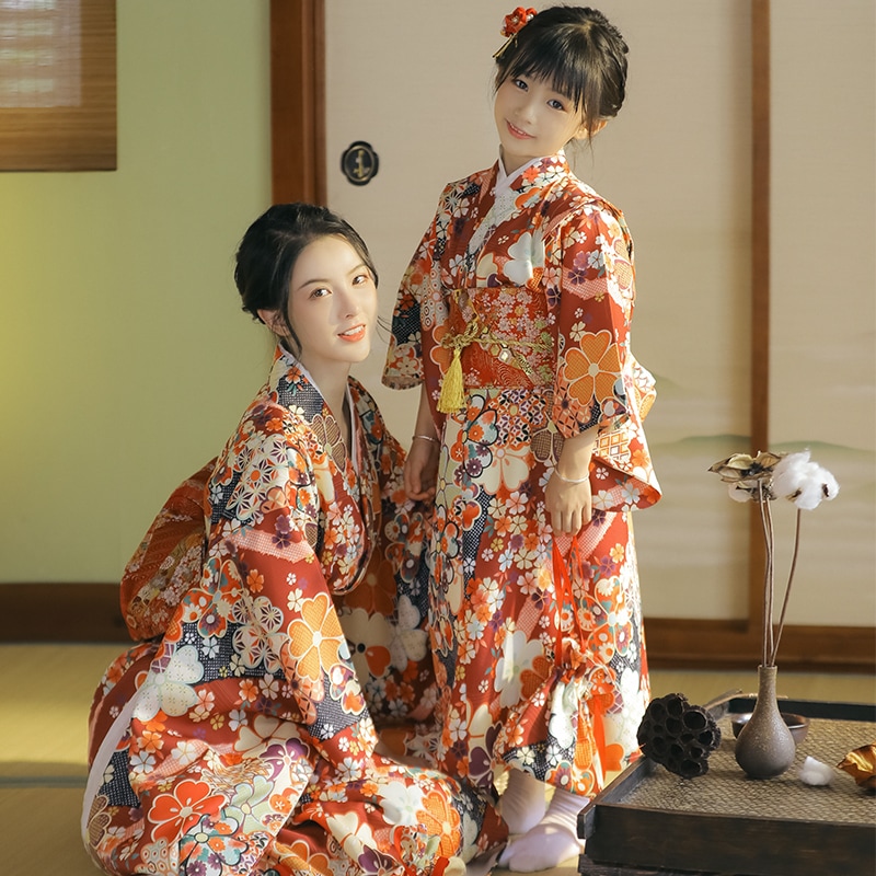 新オレンジ小赤桜子供着物浴衣女の子ドレス演出衣装小道具
