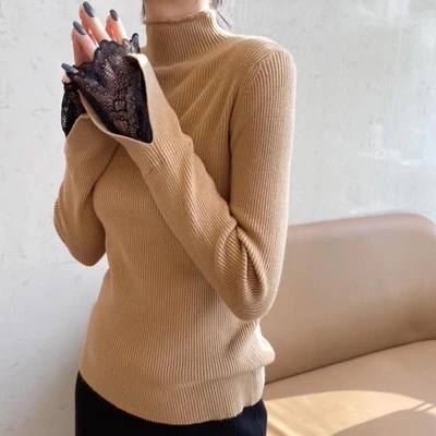 2022秋冬新型韓国版半高襟セーター女性修身長袖ステッチレースニットシャツ上着潮