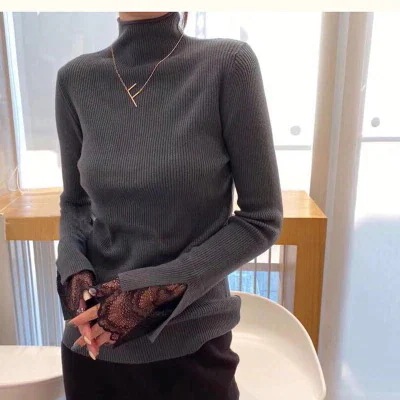 2022秋冬新型韓国版半高襟セーター女性修身長袖ステッチレースニットシャツ上着潮