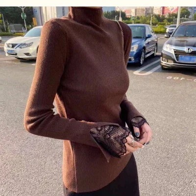 2022秋冬新型韓国版半高襟セーター女性修身長袖ステッチレースニットシャツ上着潮