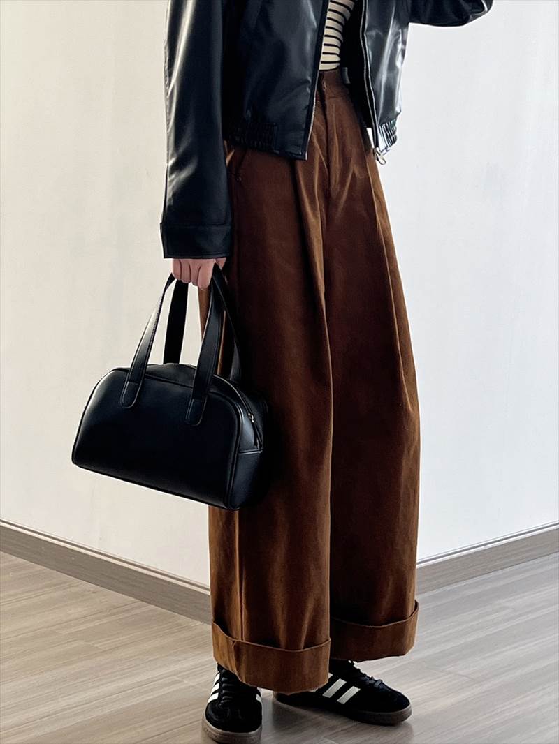 ボトムス レディース コーデュロイパンツ ワイドパンツ タック 長ズボン ハイウエスト ポケット ロールアップ 大人可愛い シンプル カジュアル 大人女子 おしゃれ お洒落 かっこいい こなれ感 ラフ