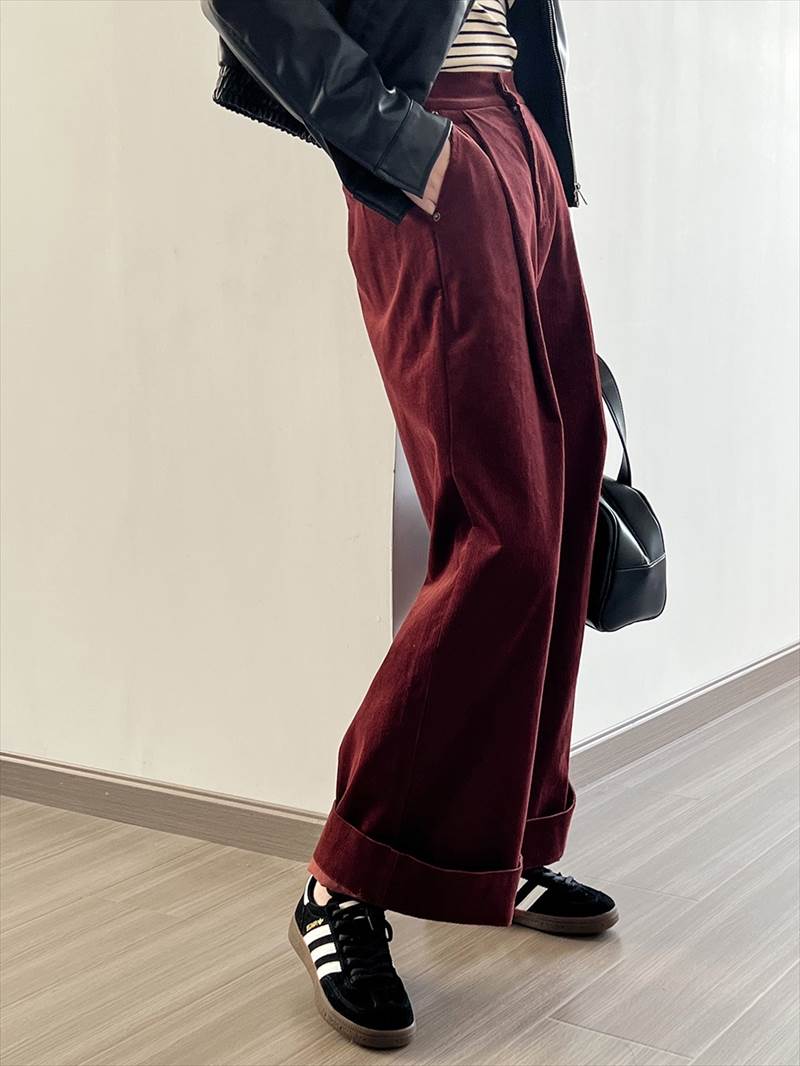 ボトムス レディース コーデュロイパンツ ワイドパンツ タック 長ズボン ハイウエスト ポケット ロールアップ 大人可愛い シンプル カジュアル 大人女子 おしゃれ お洒落 かっこいい こなれ感 ラフ