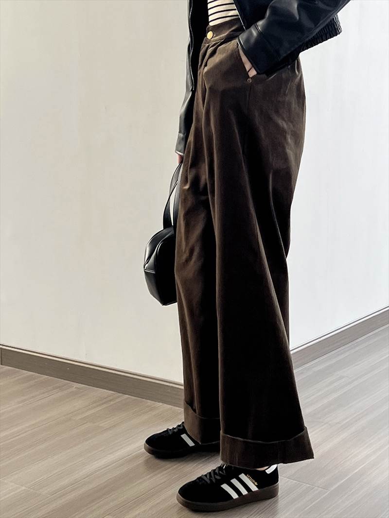 ボトムス レディース コーデュロイパンツ ワイドパンツ タック 長ズボン ハイウエスト ポケット ロールアップ 大人可愛い シンプル カジュアル 大人女子 おしゃれ お洒落 かっこいい こなれ感 ラフ