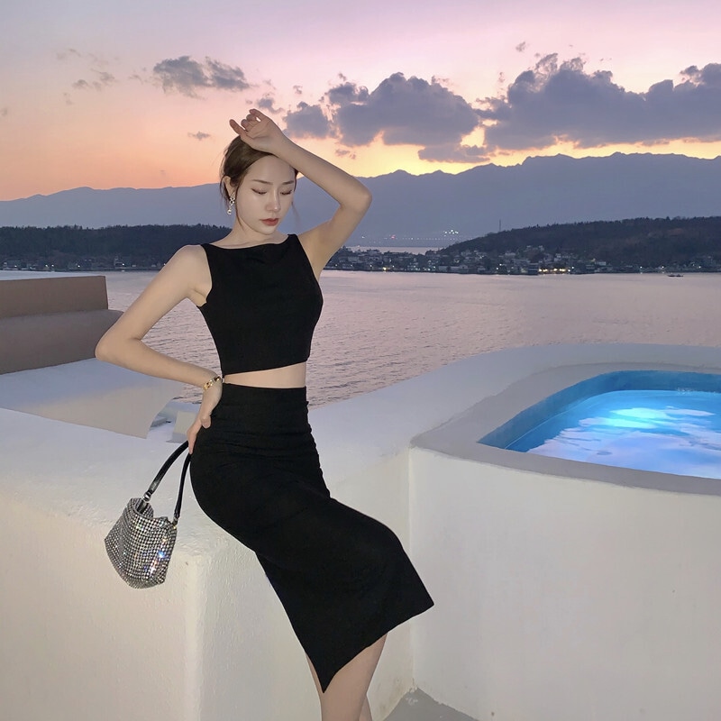 セットアップ レディース スカート タンクトップ プルオーバー クロップド丈 ミディアム丈 ノースリーブ ノースリ ラウンドネック ハイウエスト スリット バックスリット 伸縮性 上下セット セットアップ レディース スカート タンクトップ プルオーバー クロップド丈 ミディアム丈 ノースリーブ ノースリ ラウンドネック ハイウエスト スリット バックスリット 伸縮性 上下セット