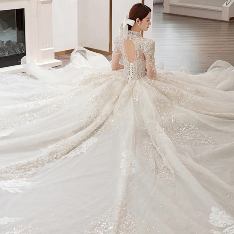 メインウェディングドレス長袖ウェディングドレス新花嫁メインパレススタイルフレンチウィンタースタイル冬の重工業尾尾気質