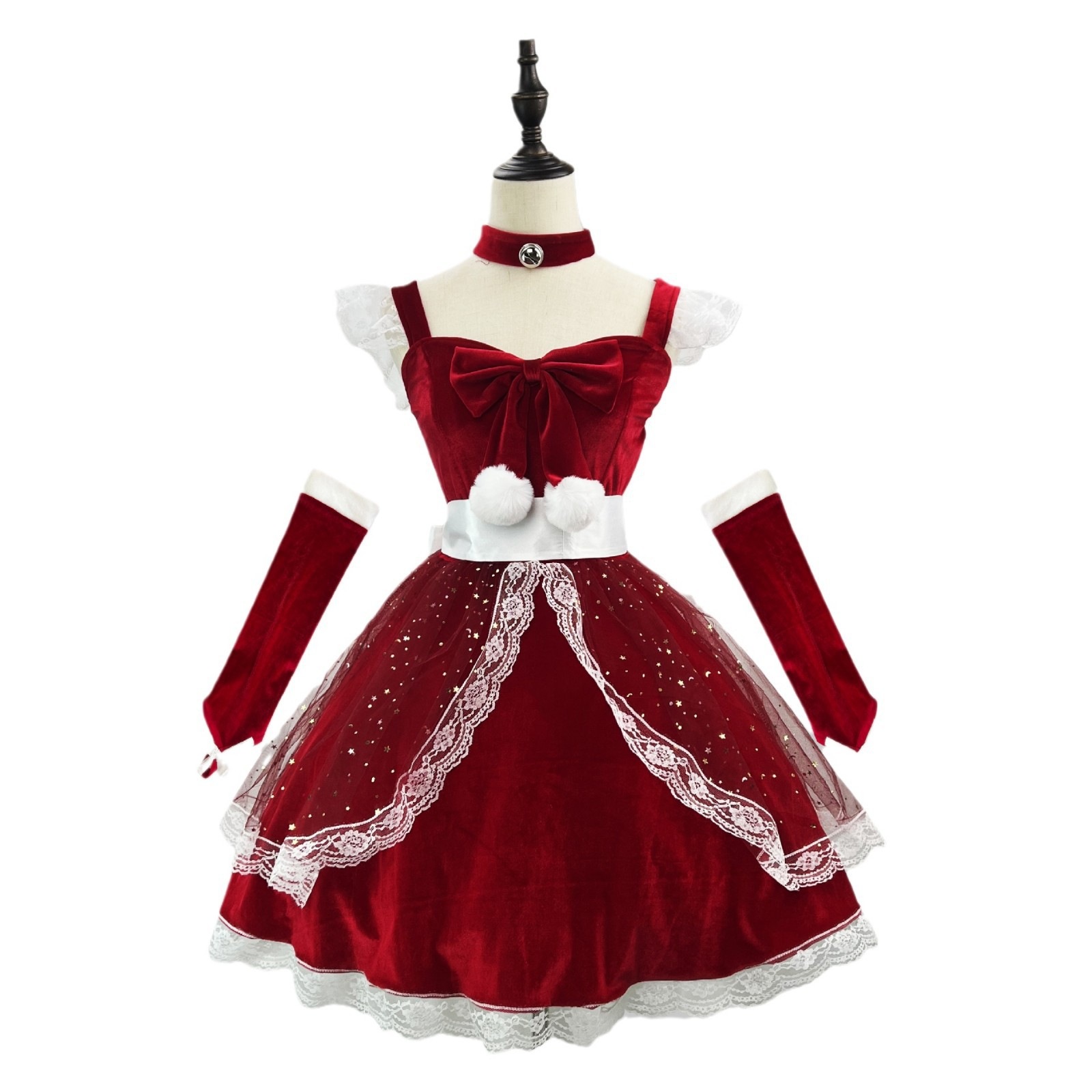 オリジナルの新しい超かわいいフラッシュプリンセスクリスマスドレスワインレッドドレスメイド服インターネットセレブライブパフォーマンスコスチューム
