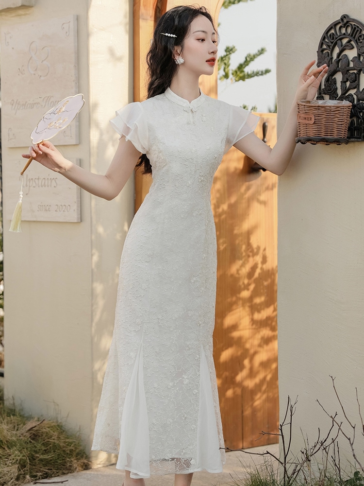 Menglihua 改良重工業刺繍チャイナフィッシュテール婚約ウェディングドレスOB91 Menglihua 改良重工業刺繍チャイナフィッシュテール婚約ウェディングドレスOB91