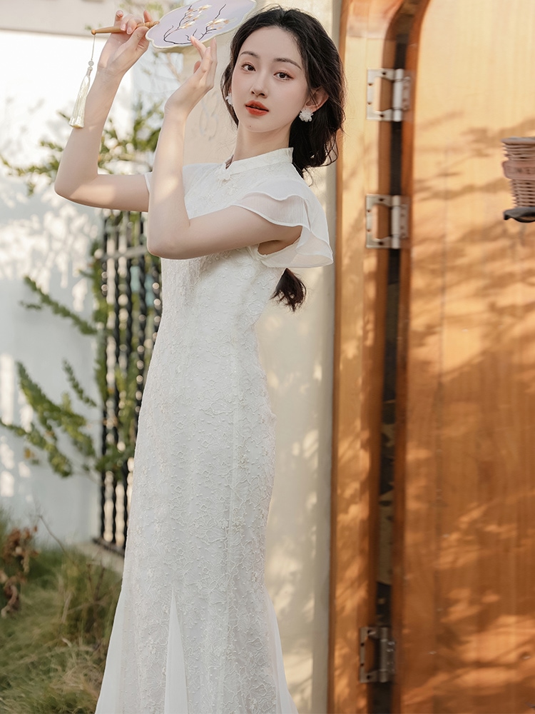 Menglihua 改良重工業刺繍チャイナフィッシュテール婚約ウェディングドレスOB91 Menglihua 改良重工業刺繍チャイナフィッシュテール婚約ウェディングドレスOB91