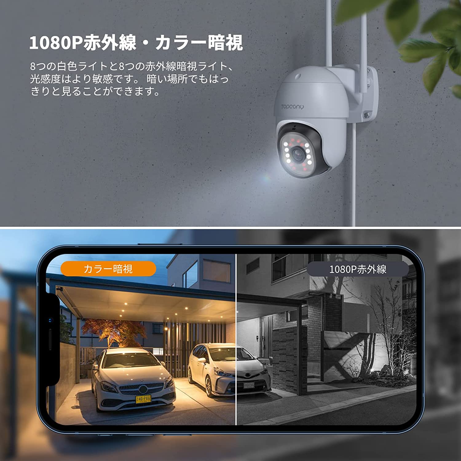 防犯カメラ 200万画素 屋内屋外対応 有線　動体検知 赤外線LED 暗視撮影 防犯カメラ 屋外 有線/無線wifi対応発光威嚇 スマホ通知 1080p