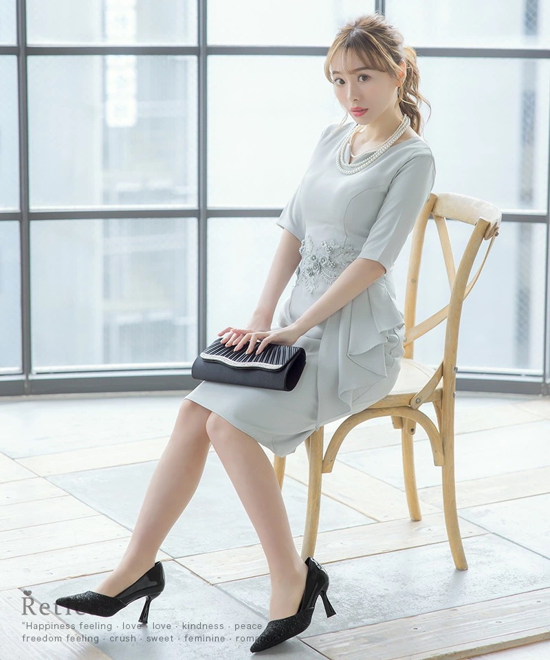 パーティードレス 結婚式 ドレス 袖あり 大きいサイズ ワンピース 二次会 レース レディース ネイビー パーティー フォーマル 大きいサイズ 韓国 ママ 入学式