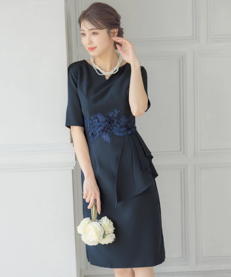 パーティードレス 結婚式 ドレス 袖あり 大きいサイズ ワンピース 二次会 レース レディース ネイビー パーティー フォーマル 大きいサイズ 韓国 ママ 入学式