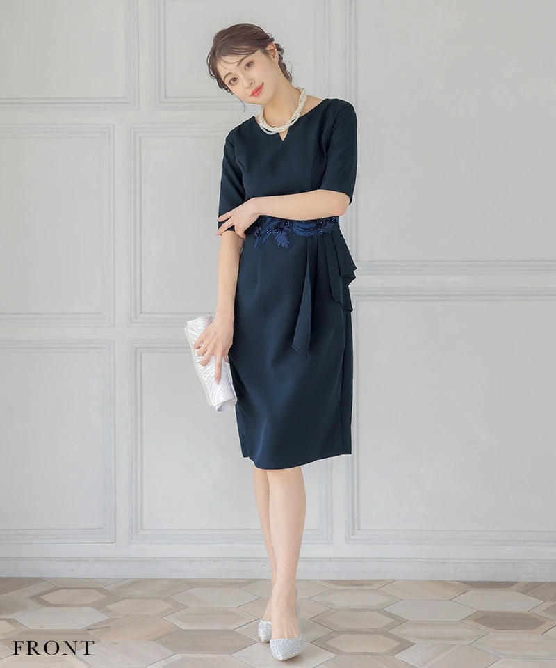 パーティードレス 結婚式 ドレス 袖あり 大きいサイズ ワンピース 二次会 レース レディース ネイビー パーティー フォーマル 大きいサイズ 韓国 ママ 入学式