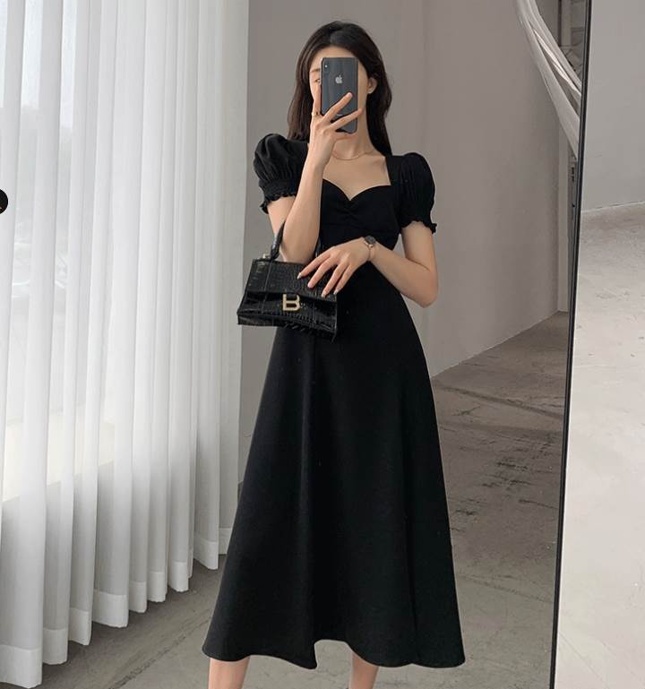 ドレス ワンピース レディース ミモレ丈 Aライン フレア 半袖 Vネック パフスリーブ スリット かわいい 大人可愛い かっこいい 黒 赤 緑 ブラック レッド グリーン セクシー きれいめ 大人