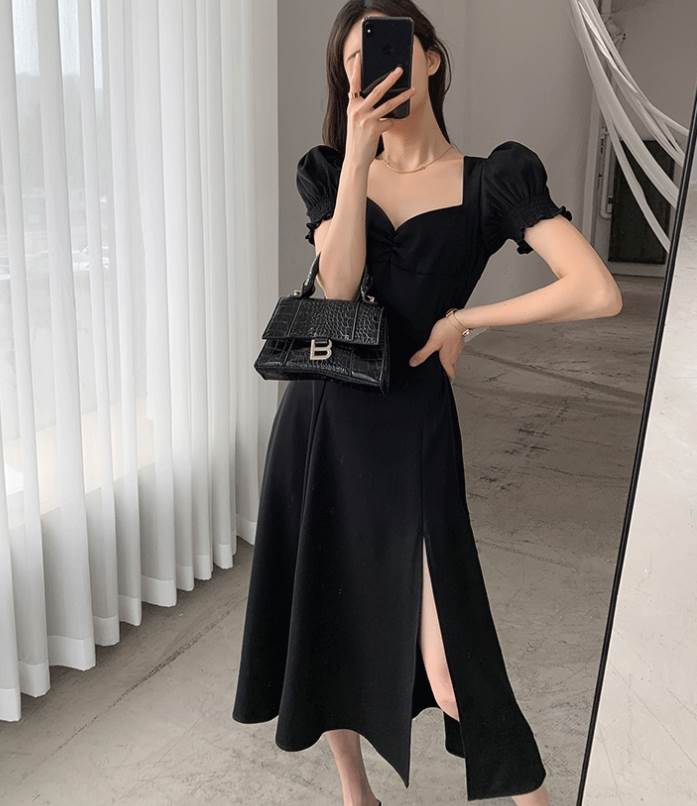 ドレス ワンピース レディース ミモレ丈 Aライン フレア 半袖 Vネック パフスリーブ スリット かわいい 大人可愛い かっこいい 黒 赤 緑 ブラック レッド グリーン セクシー きれいめ 大人