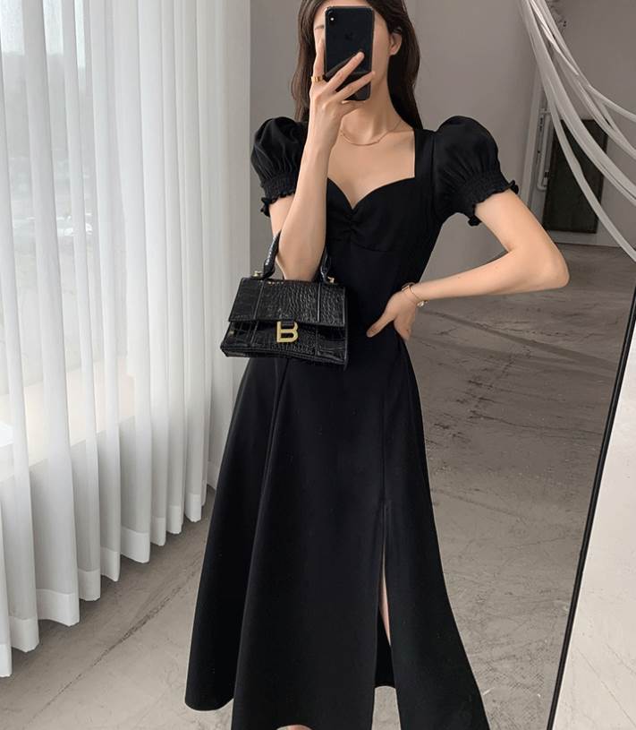 ドレス ワンピース レディース ミモレ丈 Aライン フレア 半袖 Vネック パフスリーブ スリット かわいい 大人可愛い かっこいい 黒 赤 緑 ブラック レッド グリーン セクシー きれいめ 大人