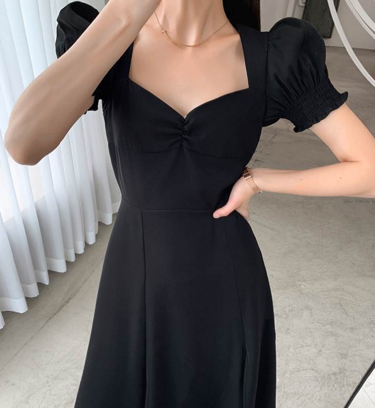 ドレス ワンピース レディース ミモレ丈 Aライン フレア 半袖 Vネック パフスリーブ スリット かわいい 大人可愛い かっこいい 黒 赤 緑 ブラック レッド グリーン セクシー きれいめ 大人