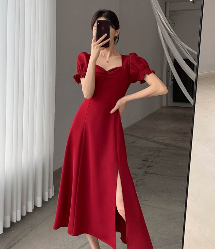 ドレス ワンピース レディース ミモレ丈 Aライン フレア 半袖 Vネック パフスリーブ スリット かわいい 大人可愛い かっこいい 黒 赤 緑 ブラック レッド グリーン セクシー きれいめ 大人