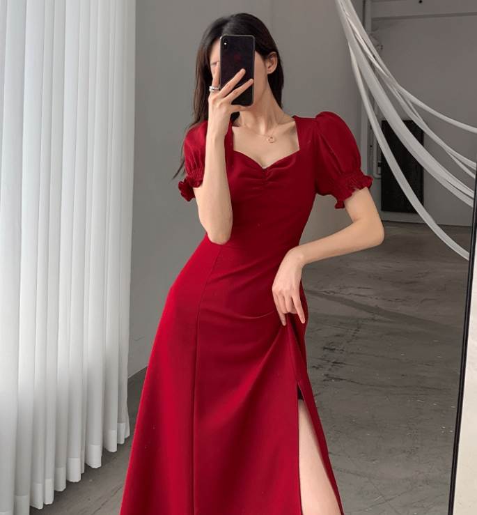 ドレス ワンピース レディース ミモレ丈 Aライン フレア 半袖 Vネック パフスリーブ スリット かわいい 大人可愛い かっこいい 黒 赤 緑 ブラック レッド グリーン セクシー きれいめ 大人