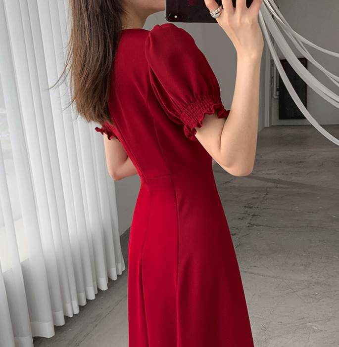 ドレス ワンピース レディース ミモレ丈 Aライン フレア 半袖 Vネック パフスリーブ スリット かわいい 大人可愛い かっこいい 黒 赤 緑 ブラック レッド グリーン セクシー きれいめ 大人