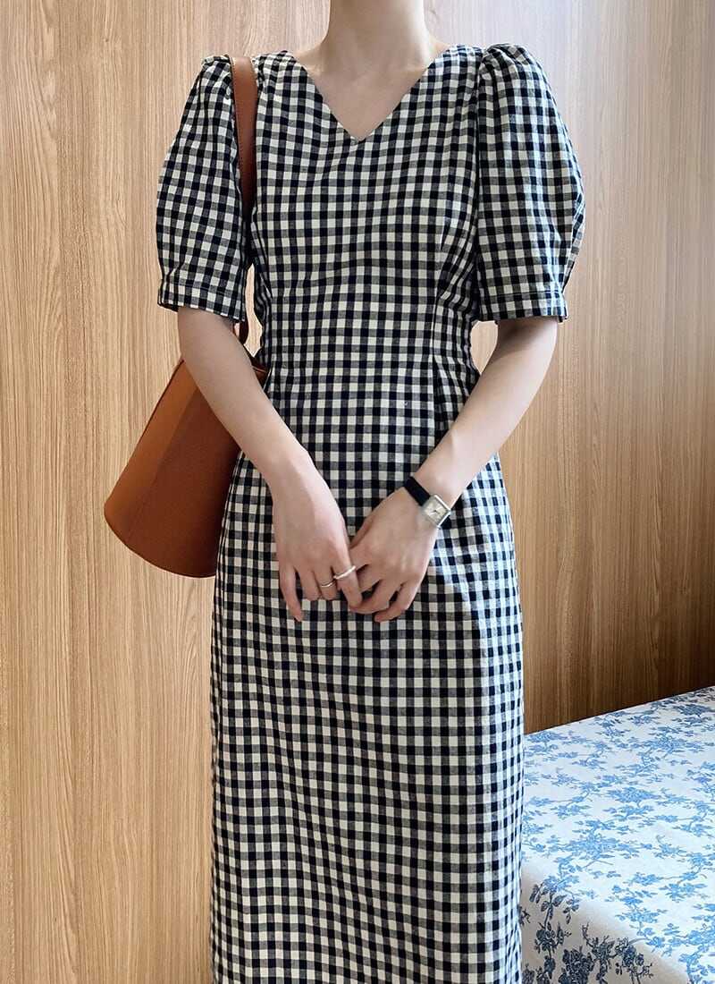 ワンピース 上着 人気 おすすめ おしゃれ お洒落 激安 安い プチプラ 半袖 Vネック 柄 膝丈 タイト パフスリーブ ボリュームスリーブ ギンガムチェック コットン 綿 ポリエステル l