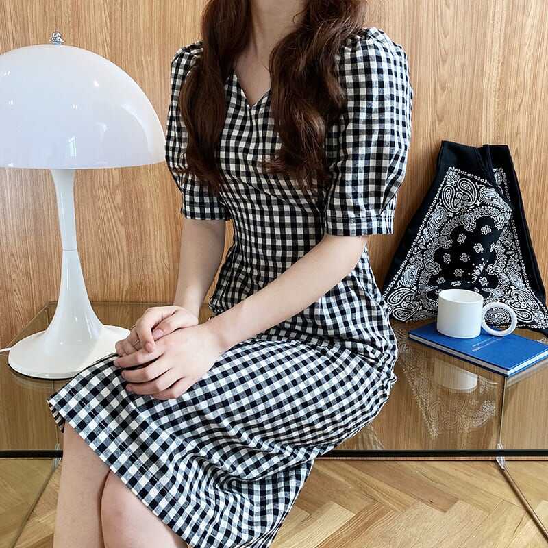 ワンピース 上着 人気 おすすめ おしゃれ お洒落 激安 安い プチプラ 半袖 Vネック 柄 膝丈 タイト パフスリーブ ボリュームスリーブ ギンガムチェック コットン 綿 ポリエステル l