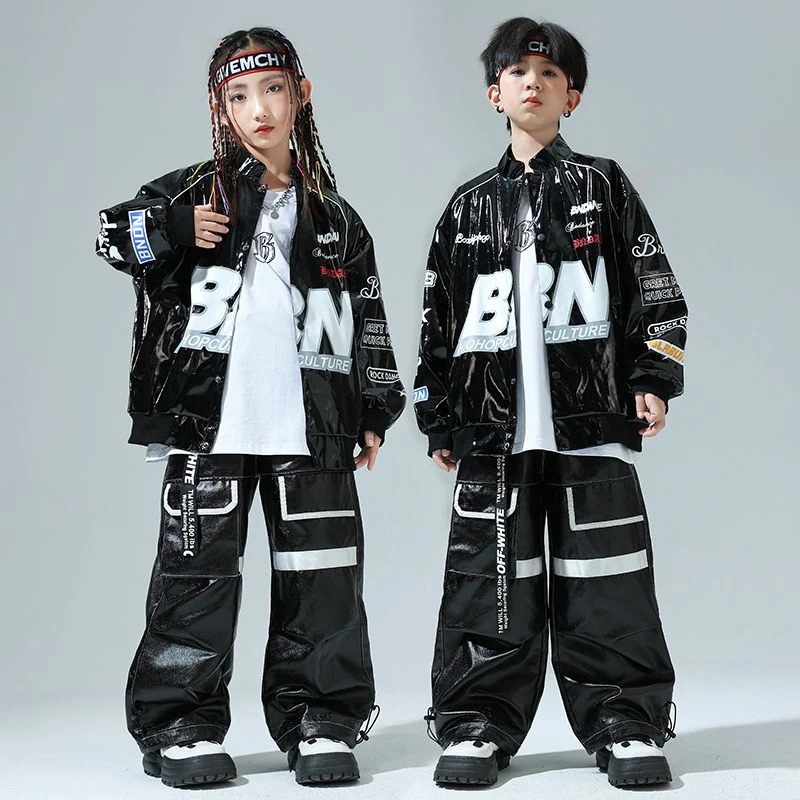 街舞児童潮服ヒップホップ機関車服皮衣男童セットhiphop童装爆街演出服走秀女