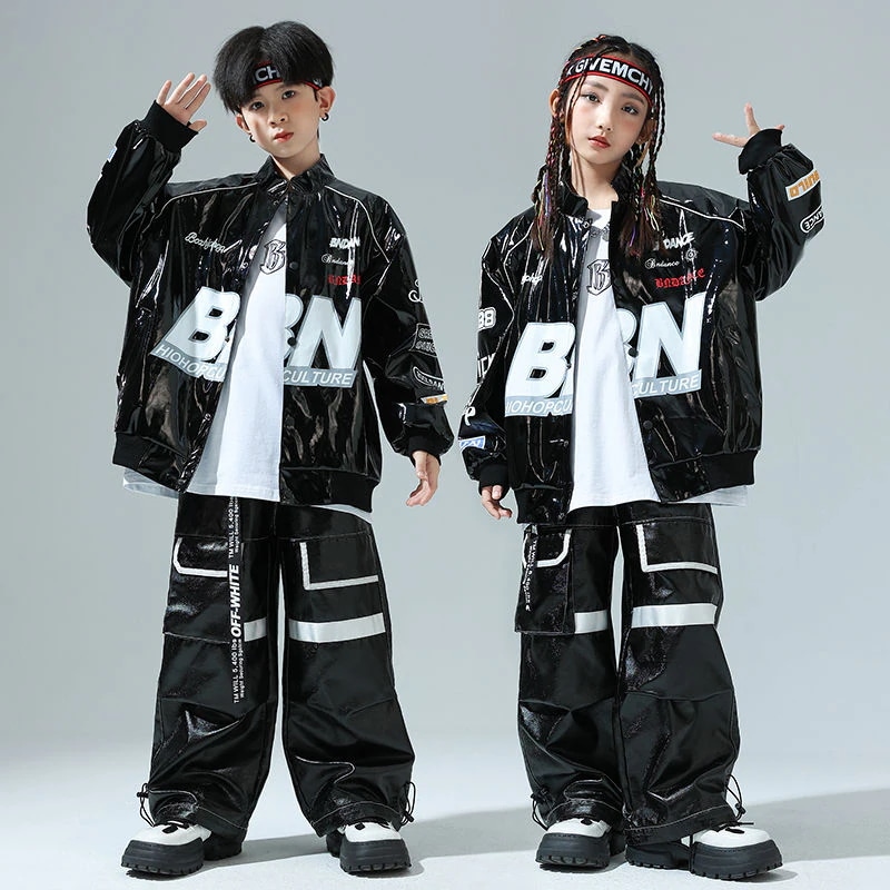 街舞児童潮服ヒップホップ機関車服皮衣男童セットhiphop童装爆街演出服走秀女