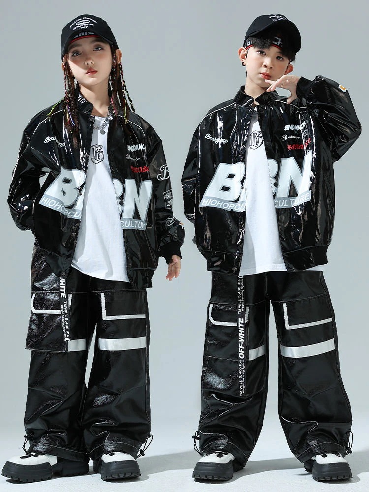 街舞児童潮服ヒップホップ機関車服皮衣男童セットhiphop童装爆街演出服走秀女